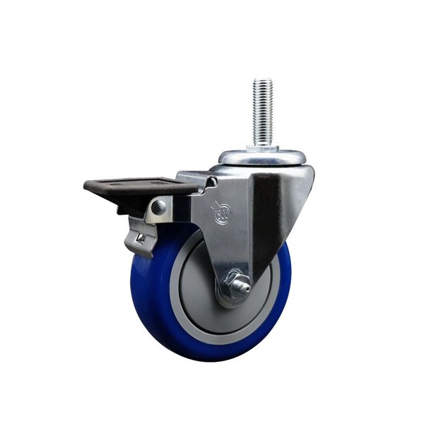 Service Caster 4 Inch Blue Polyurethane Wheel Swivel 58 Inch Threaded Stem Caster with Brake SCC SCC-TS20S414-PPUB-BLUE-PLB-58212